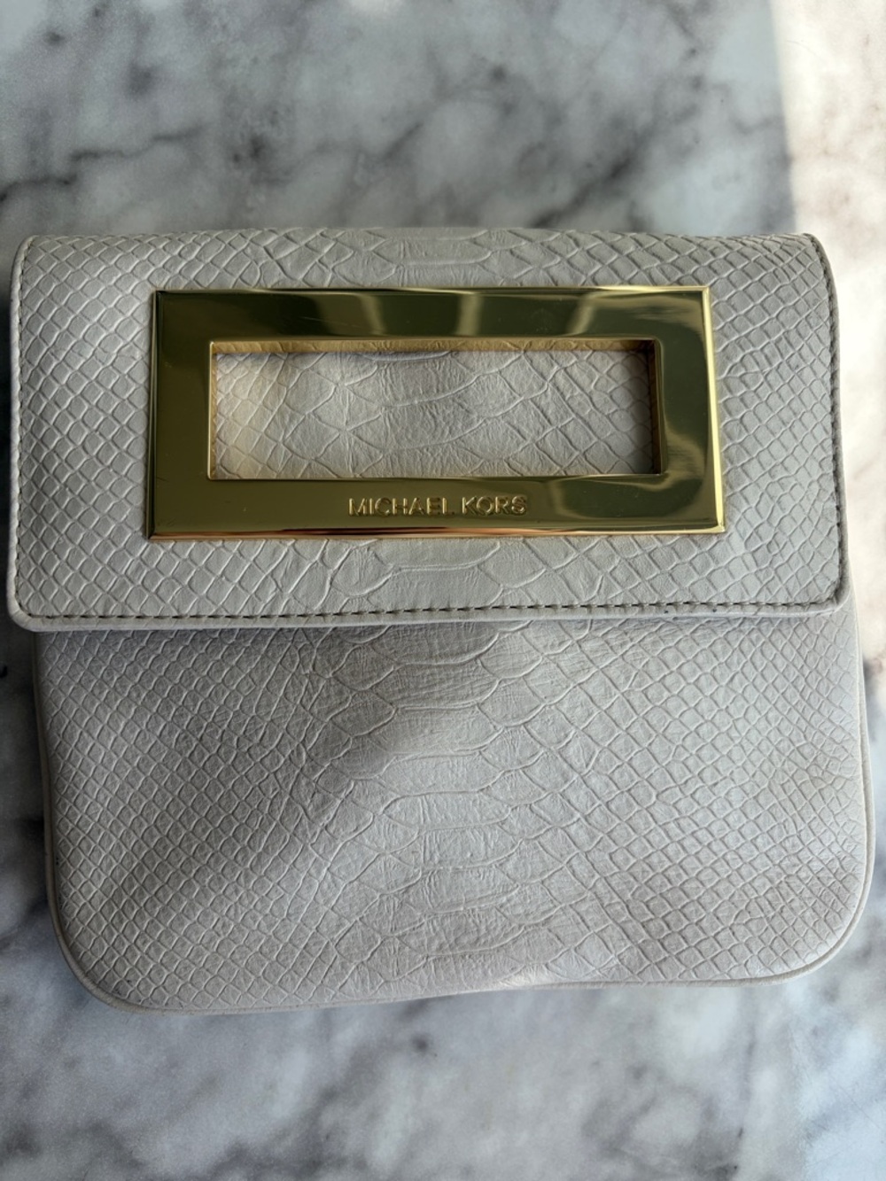 Michael Kors Cream White Embossed Leather Clutch with Gold-Tone Handle